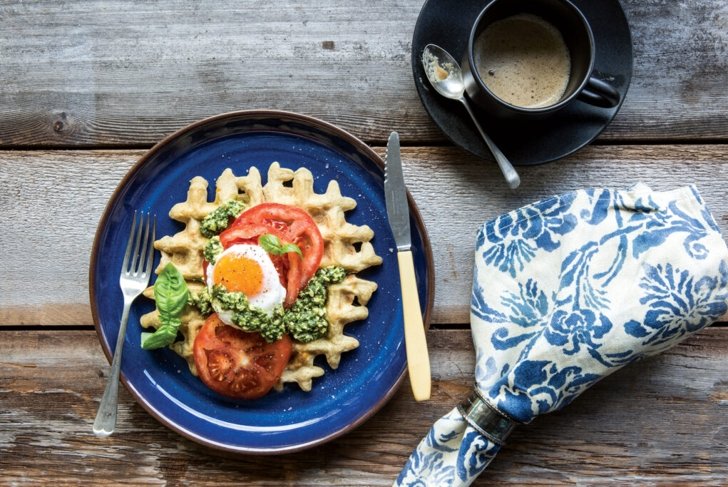 Chickpea Waffles With Tomatoes, Fried Egg, and Basil Sauce