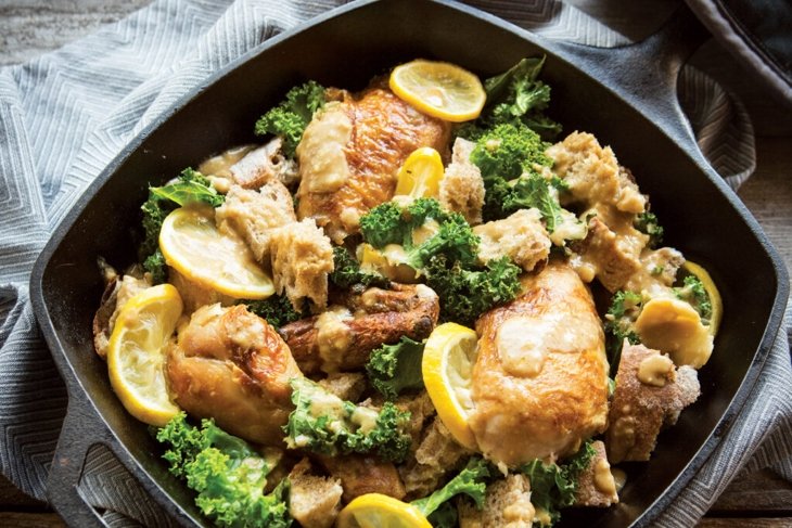 Roasted Garlic, Lemon, Chicken, and Kale Skillet Caesar