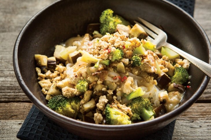 Roasted Eggplant and Broccoli Noodles with Five-Spice Ground Tofu