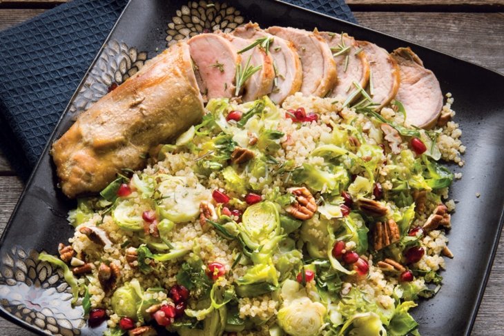 Roasted Maple-Mustard Pork Over Brussels Sprout Pilaf