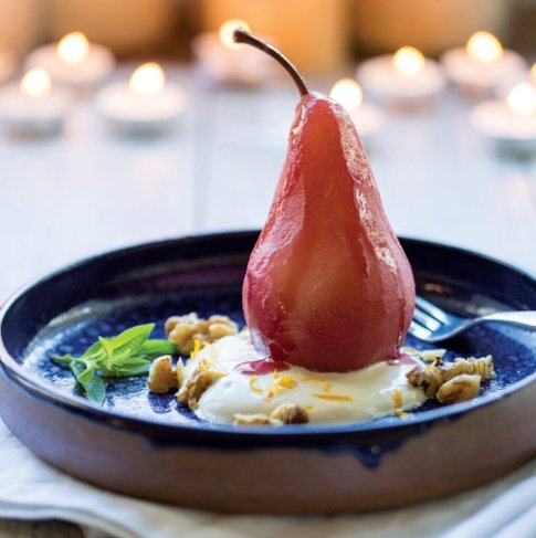 Mulled Wine Poached Pears with Orange Blossom Yogurt and Walnuts